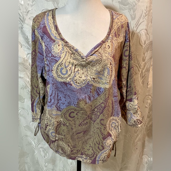 Caribbean Joe Tops - Caribbean Joe Purple Tan 3/4 Sleeve Cinched Side Top